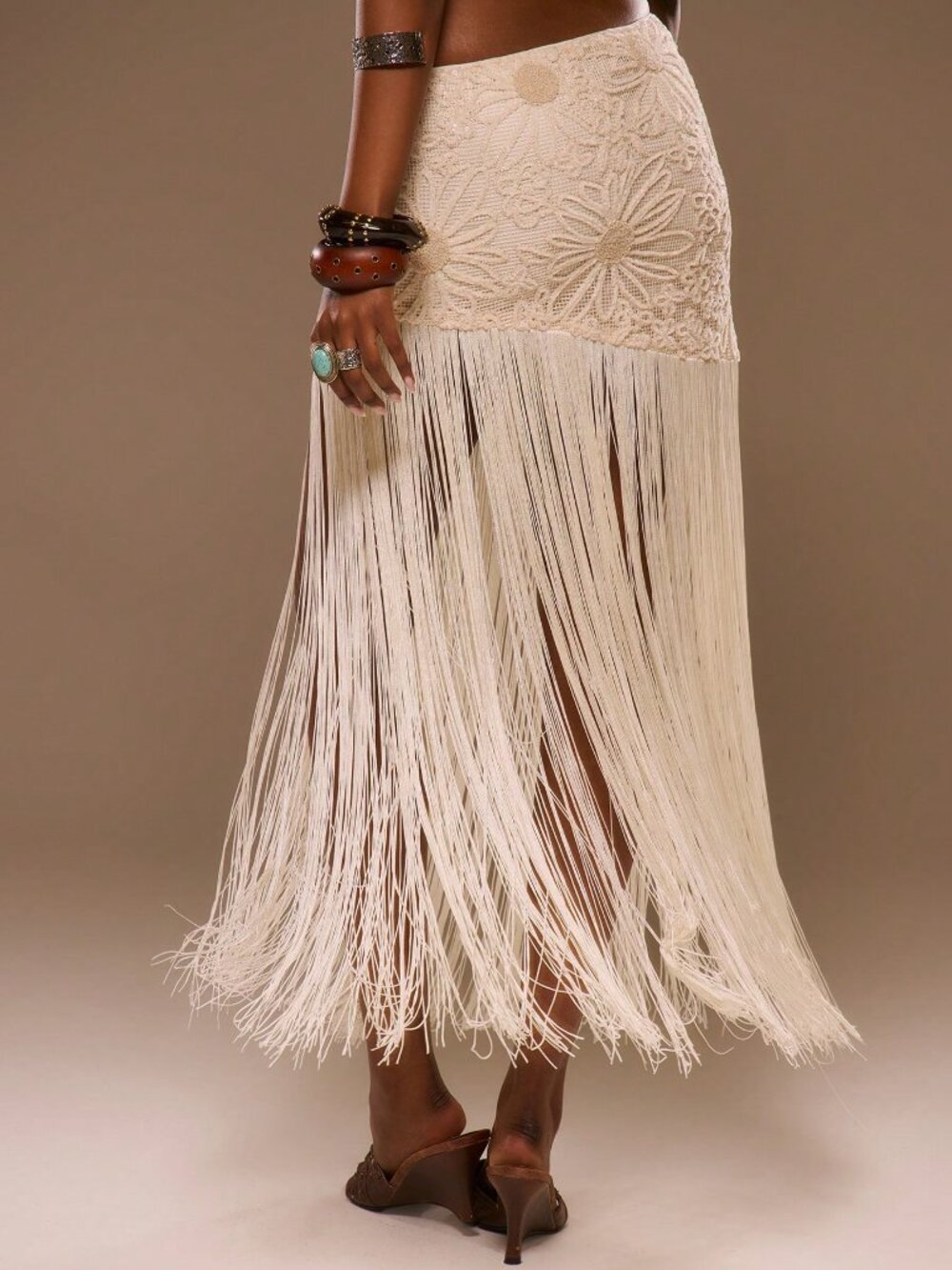Cream Sun Patterned Lace Fringed Women's Midi Skirt - Picture 2 of 6